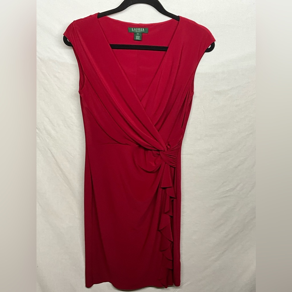 Red Midi Sheath Dress w/ Ruched Waist for flattering fit Cocktail workwear